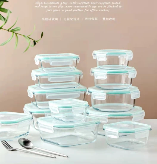 800 ml quadratische Lunchboxen für die Küche, Mikrowelle, Glasschüssel, Silikon-Gemüsefach mit Deckel